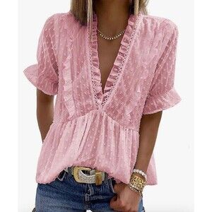 Happy Sailed Women Short Sleeve V Neck Frill Hem Loose Casual Ruffles Blouse Top